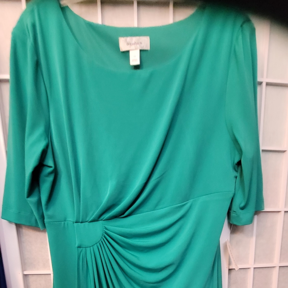 Jade green side-ruched short-sleeved dress, size 12. NWT From Dress Barn